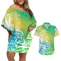 Polynesian Sunset Plumeria Couples Matching Off Shoulder Short Dress and Hawaiian Shirt Pacific Island Tribal Green Style LT9 Green - Polynesian Pride