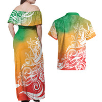 Polynesian Sunset Plumeria Couples Matching Off Shoulder Maxi Dress and Hawaiian Shirt Pacific Island Tribal Reggae Style LT9 - Polynesian Pride