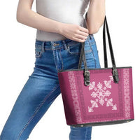 Hawaiian Quilt Block Design Leather Tote Bag Pink Hawaii Culture Motifs - Polynesian Pride