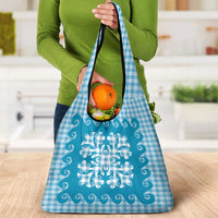 Blue Ulu Palaka Quilt Pattern Grocery Bag Hawaii Culture Breadfruit - Polynesian Pride