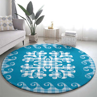 Blue Ulu Palaka Quilt Pattern Round Carpet Hawaii Culture Breadfruit - Polynesian Pride