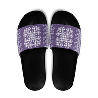 Purple Ulu Palaka Quilt Pattern Slide Sandals Hawaii Culture Breadfruit - Polynesian Pride