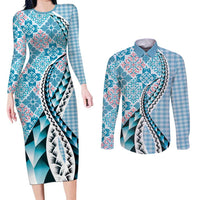 Aloha Vintage Palaka Floral Hawaiian Quilt Couples Matching Long Sleeve Bodycon Dress and Long Sleeve Button Shirt Uliuli Motif LT9 Blue - Polynesian Pride