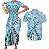 Aloha Vintage Palaka Floral Hawaiian Quilt Couples Matching Short Sleeve Bodycon Dress and Hawaiian Shirt Uliuli Motif LT9 Blue - Polynesian Pride