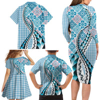 Aloha Vintage Palaka Floral Hawaiian Quilt Family Matching Long Sleeve Bodycon Dress and Hawaiian Shirt Uliuli Motif LT9 - Polynesian Pride