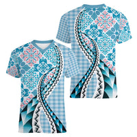 Aloha Vintage Palaka Floral Hawaiian Quilt Women V-Neck T-Shirt Uliuli Motif - Polynesian Pride