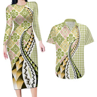 Aloha Vintage Palaka Floral Hawaiian Quilt Couples Matching Long Sleeve Bodycon Dress and Hawaiian Shirt Omaomao Motif LT9 Lime - Polynesian Pride