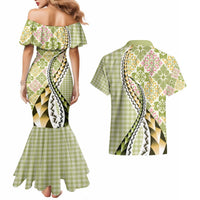 Aloha Vintage Palaka Floral Hawaiian Quilt Couples Matching Mermaid Dress and Hawaiian Shirt Omaomao Motif LT9 - Polynesian Pride