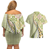 Aloha Vintage Palaka Floral Hawaiian Quilt Couples Matching Off Shoulder Short Dress and Hawaiian Shirt Omaomao Motif LT9 - Polynesian Pride