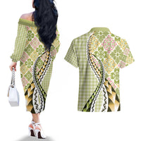 Aloha Vintage Palaka Floral Hawaiian Quilt Couples Matching Off The Shoulder Long Sleeve Dress and Hawaiian Shirt Omaomao Motif - Polynesian Pride