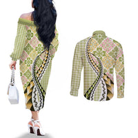 Aloha Vintage Palaka Floral Hawaiian Quilt Couples Matching Off The Shoulder Long Sleeve Dress and Long Sleeve Button Shirt Omaomao Motif LT9 - Polynesian Pride