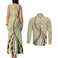 Aloha Vintage Palaka Floral Hawaiian Quilt Couples Matching Tank Maxi Dress and Long Sleeve Button Shirt Omaomao Motif LT9 - Polynesian Pride