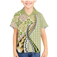 Aloha Vintage Palaka Floral Hawaiian Quilt Family Matching Mermaid Dress and Hawaiian Shirt Omaomao Motif LT9 Son's Shirt Lime - Polynesian Pride
