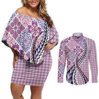 Aloha Vintage Palaka Floral Hawaiian Quilt Couples Matching Off Shoulder Short Dress and Long Sleeve Button Shirt Akala Motif LT9 Pink - Polynesian Pride