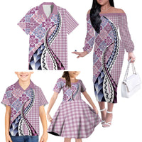 Aloha Vintage Palaka Floral Hawaiian Quilt Family Matching Off The Shoulder Long Sleeve Dress and Hawaiian Shirt Akala Motif - Polynesian Pride