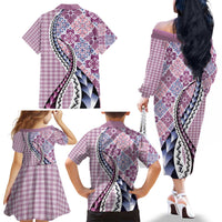 Aloha Vintage Palaka Floral Hawaiian Quilt Family Matching Off The Shoulder Long Sleeve Dress and Hawaiian Shirt Akala Motif - Polynesian Pride