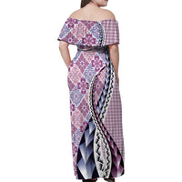 Aloha Vintage Palaka Floral Hawaiian Quilt Family Matching Off Shoulder Maxi Dress and Hawaiian Shirt Akala Motif - Polynesian Pride