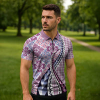 Aloha Vintage Palaka Floral Hawaiian Quilt Zipper Polo Shirt Akala Motif - Polynesian Pride