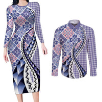 Aloha Vintage Palaka Floral Hawaiian Quilt Couples Matching Long Sleeve Bodycon Dress and Long Sleeve Button Shirt Poni Motif LT9 Purple - Polynesian Pride