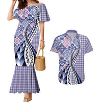 Aloha Vintage Palaka Floral Hawaiian Quilt Couples Matching Mermaid Dress and Hawaiian Shirt Poni Motif LT9 Purple - Polynesian Pride