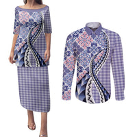 Aloha Vintage Palaka Floral Hawaiian Quilt Couples Matching Puletasi and Long Sleeve Button Shirt Poni Motif LT9 Purple - Polynesian Pride