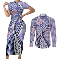 Aloha Vintage Palaka Floral Hawaiian Quilt Couples Matching Short Sleeve Bodycon Dress and Long Sleeve Button Shirt Poni Motif LT9 Purple - Polynesian Pride