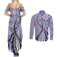 Aloha Vintage Palaka Floral Hawaiian Quilt Couples Matching Summer Maxi Dress and Long Sleeve Button Shirt Poni Motif LT9 - Polynesian Pride