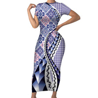 Aloha Vintage Palaka Floral Hawaiian Quilt Short Sleeve Bodycon Dress Poni Motif LT9 Long Dress Purple - Polynesian Pride
