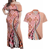 Aloha Vintage Palaka Floral Hawaiian Quilt Couples Matching Off Shoulder Maxi Dress and Hawaiian Shirt Ulaula Motif LT9 Red - Polynesian Pride