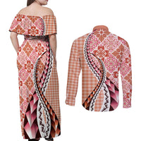 Aloha Vintage Palaka Floral Hawaiian Quilt Couples Matching Off Shoulder Maxi Dress and Long Sleeve Button Shirt Ulaula Motif LT9 - Polynesian Pride