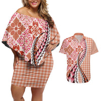 Aloha Vintage Palaka Floral Hawaiian Quilt Couples Matching Off Shoulder Short Dress and Hawaiian Shirt Ulaula Motif LT9 Red - Polynesian Pride