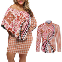 Aloha Vintage Palaka Floral Hawaiian Quilt Couples Matching Off Shoulder Short Dress and Long Sleeve Button Shirt Ulaula Motif LT9 Red - Polynesian Pride