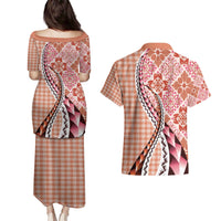 Aloha Vintage Palaka Floral Hawaiian Quilt Couples Matching Puletasi and Hawaiian Shirt Ulaula Motif - Polynesian Pride