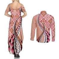 Aloha Vintage Palaka Floral Hawaiian Quilt Couples Matching Summer Maxi Dress and Long Sleeve Button Shirt Ulaula Motif LT9 - Polynesian Pride