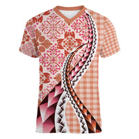 Aloha Vintage Palaka Floral Hawaiian Quilt Women V-Neck T-Shirt Ulaula Motif - Polynesian Pride