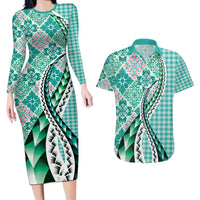 Aloha Vintage Palaka Floral Hawaiian Quilt Couples Matching Long Sleeve Bodycon Dress and Hawaiian Shirt Polu Motif LT9 Turquoise - Polynesian Pride