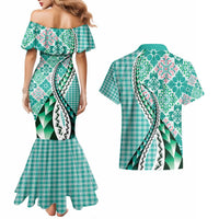 Aloha Vintage Palaka Floral Hawaiian Quilt Couples Matching Mermaid Dress and Hawaiian Shirt Polu Motif LT9 - Polynesian Pride