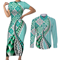 Aloha Vintage Palaka Floral Hawaiian Quilt Couples Matching Short Sleeve Bodycon Dress and Long Sleeve Button Shirt Polu Motif LT9 Turquoise - Polynesian Pride