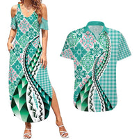 Aloha Vintage Palaka Floral Hawaiian Quilt Couples Matching Summer Maxi Dress and Hawaiian Shirt Polu Motif LT9 Turquoise - Polynesian Pride