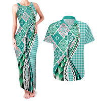 Aloha Vintage Palaka Floral Hawaiian Quilt Couples Matching Tank Maxi Dress and Hawaiian Shirt Polu Motif LT9 Turquoise - Polynesian Pride