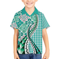 Aloha Vintage Palaka Floral Hawaiian Quilt Family Matching Long Sleeve Bodycon Dress and Hawaiian Shirt Polu Motif LT9 Son's Shirt Turquoise - Polynesian Pride