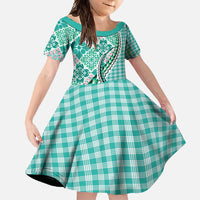 Aloha Vintage Palaka Floral Hawaiian Quilt Family Matching Mermaid Dress and Hawaiian Shirt Polu Motif LT9 Daughter's Dress Turquoise - Polynesian Pride