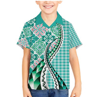 Aloha Vintage Palaka Floral Hawaiian Quilt Family Matching Mermaid Dress and Hawaiian Shirt Polu Motif LT9 Son's Shirt Turquoise - Polynesian Pride