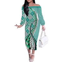 Aloha Vintage Palaka Floral Hawaiian Quilt Family Matching Off The Shoulder Long Sleeve Dress and Hawaiian Shirt Polu Motif - Polynesian Pride