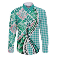 Aloha Vintage Palaka Floral Hawaiian Quilt Family Matching Short Sleeve Bodycon Dress and Hawaiian Shirt Polu Motif LT9 Dad's Shirt - Long Sleeve Turquoise - Polynesian Pride