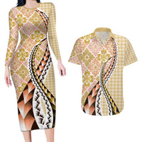 Aloha Vintage Palaka Floral Hawaiian Quilt Couples Matching Long Sleeve Bodycon Dress and Hawaiian Shirt Melemele Motif LT9 Yellow - Polynesian Pride