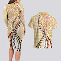 Aloha Vintage Palaka Floral Hawaiian Quilt Couples Matching Long Sleeve Bodycon Dress and Hawaiian Shirt Melemele Motif LT9 - Polynesian Pride