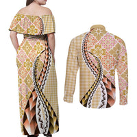 Aloha Vintage Palaka Floral Hawaiian Quilt Couples Matching Off Shoulder Maxi Dress and Long Sleeve Button Shirt Melemele Motif LT9 - Polynesian Pride