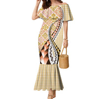 Aloha Vintage Palaka Floral Hawaiian Quilt Family Matching Mermaid Dress and Hawaiian Shirt Melemele Motif LT9 Mom's Dress Yellow - Polynesian Pride