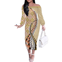 Aloha Vintage Palaka Floral Hawaiian Quilt Family Matching Off The Shoulder Long Sleeve Dress and Hawaiian Shirt Melemele Motif - Polynesian Pride